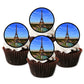 Eiffel Tower Edible Cupcake Toppers on white frosted cupcakes 