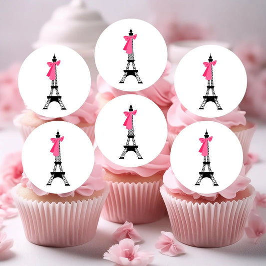 Eiffel Tower Paris Edible Cupcake Toppers on white frosted cupcakes 