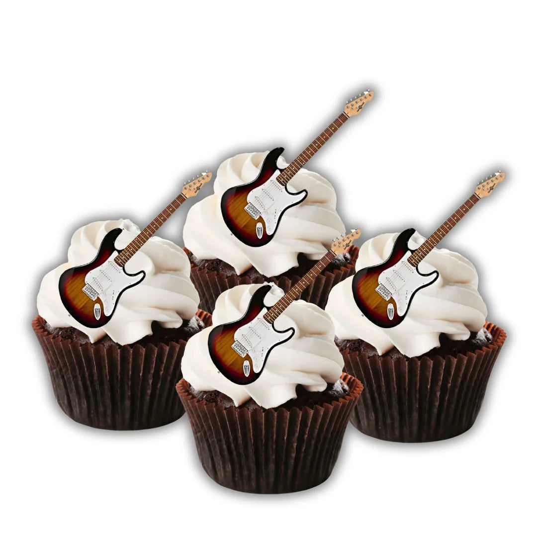 Electric Guitar Edible Cupcake Toppers on chocolate cupcakes with white frosting 