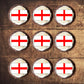 top view of England Flag Edible Cupcake Toppers on nine white frosted cupcakes 