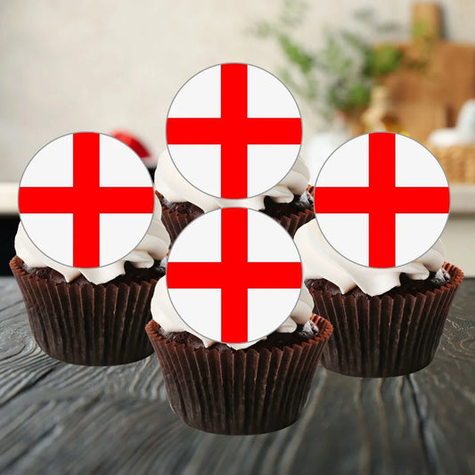 England Flag Round Edible Cupcake Toppers on chocolate cupcakes with white frosting