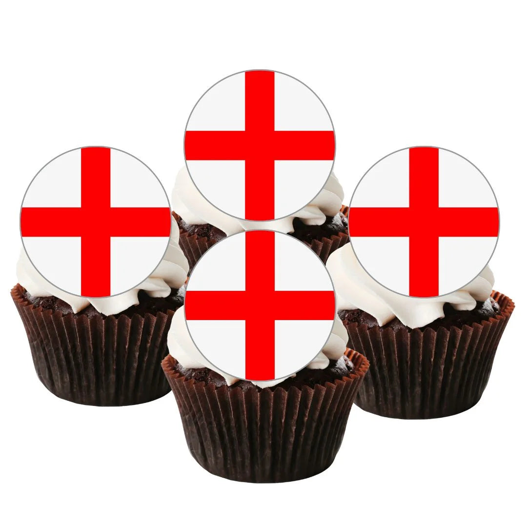 England Flag Round Edible Cupcake Toppers on chocolate cupcakes with white frosting