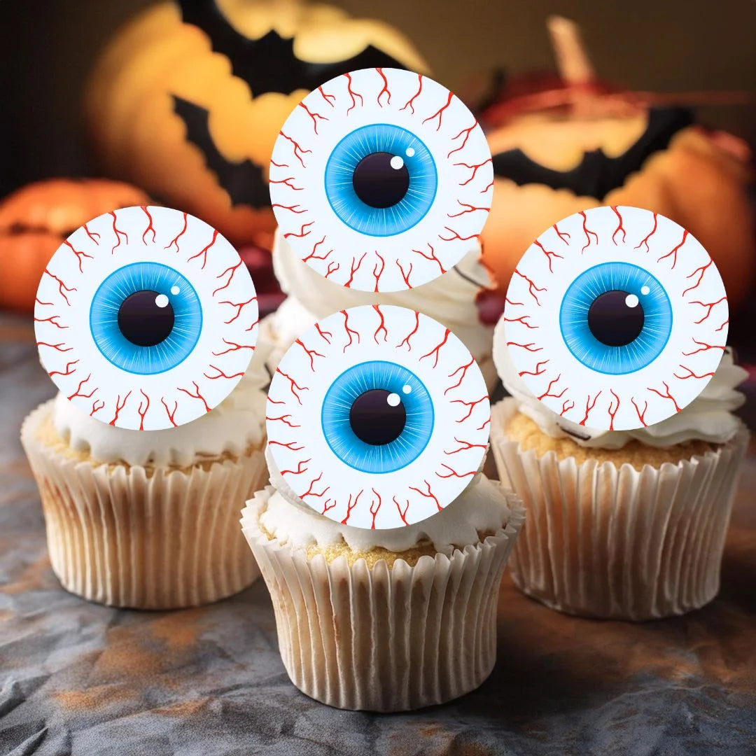 Halloween Eyeballs Edible Cupcake Toppers on cupcakes with white frosting 