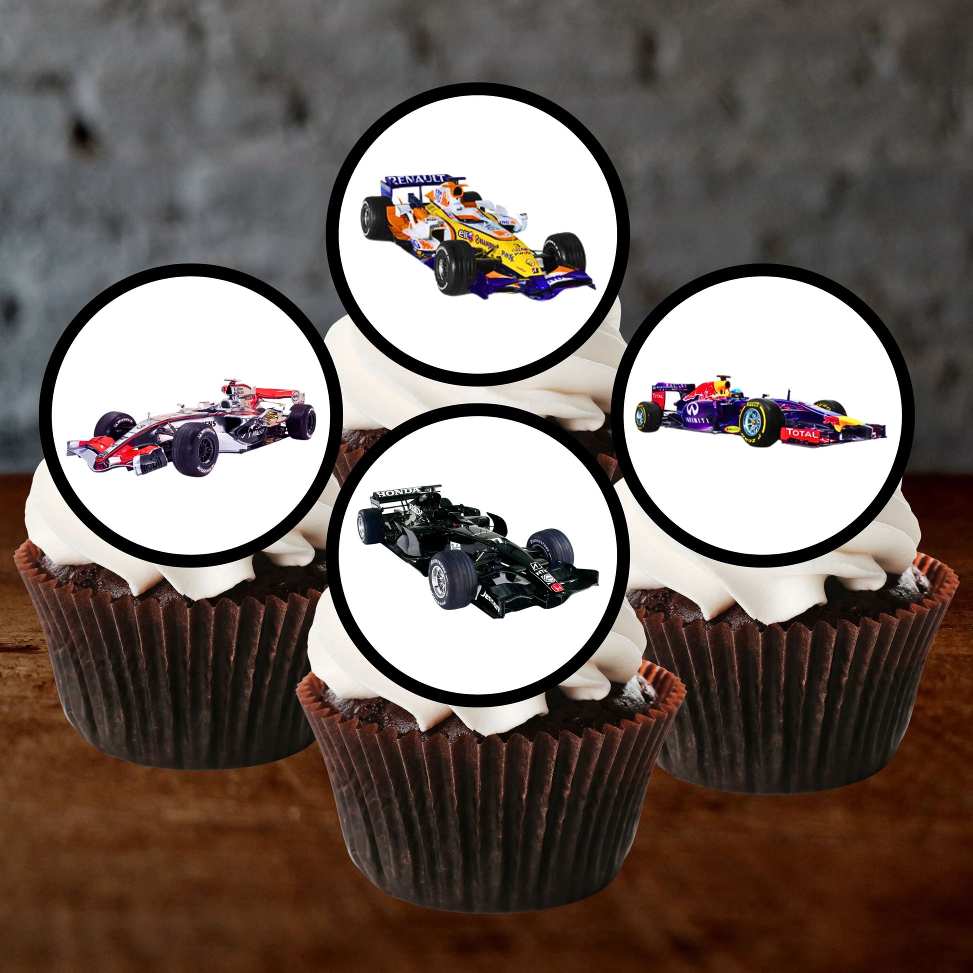 F1 Race Cars Edible Cupcake Toppers on frosted cupcakes 