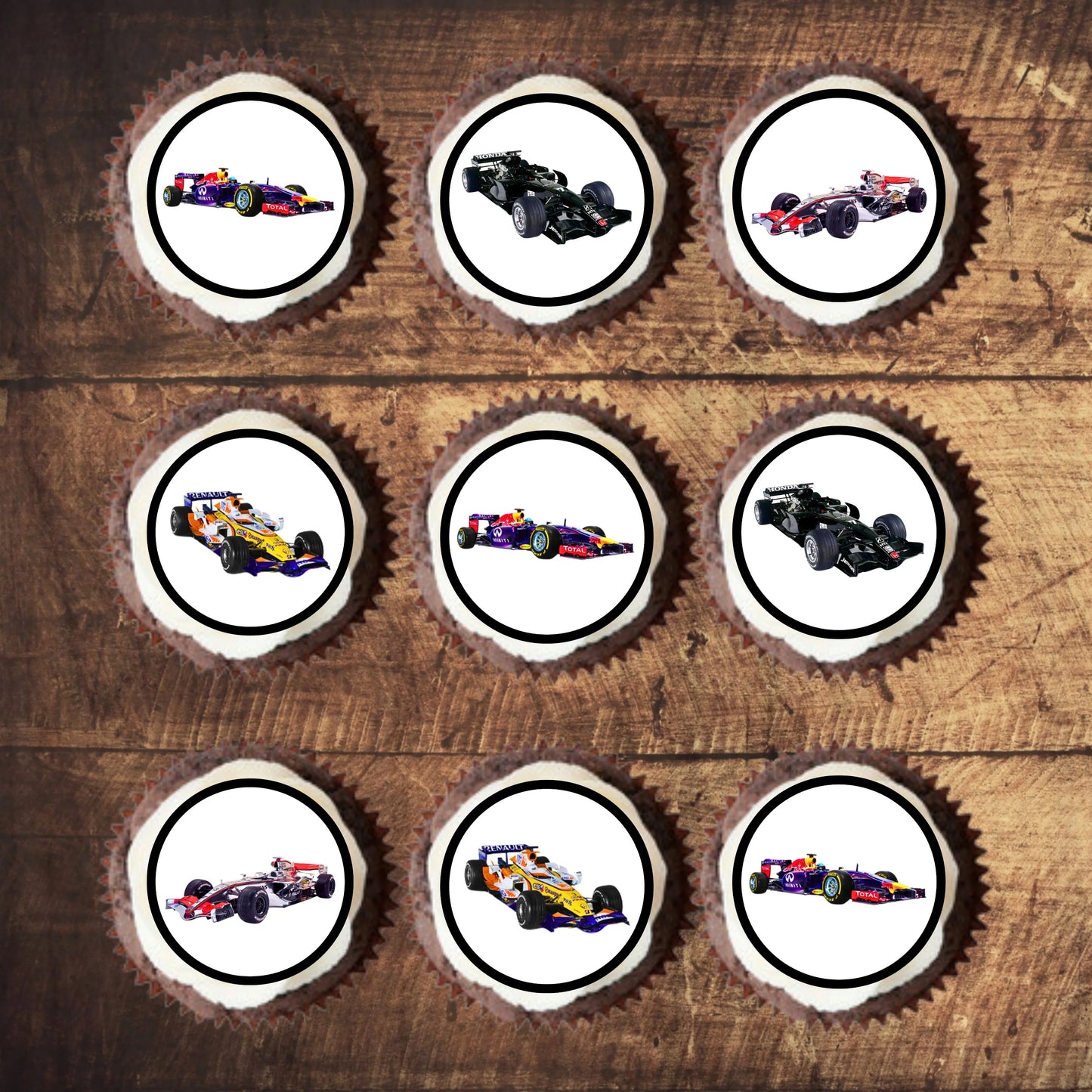 F1 Race Cars Edible Cupcake Toppers on frosted cupcakes 