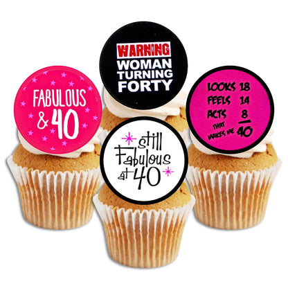 bright pink, black and white cupcake toppers with '40 and fabulous' slogans on white frosted cupcakes