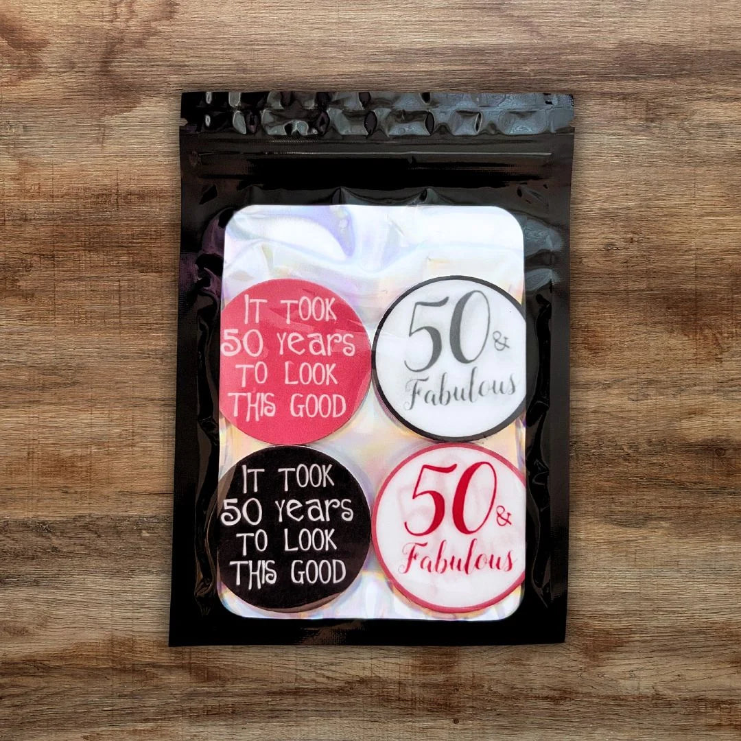 50 & Fabulous Edible Cupcake Toppers with pink and black theme in packaging