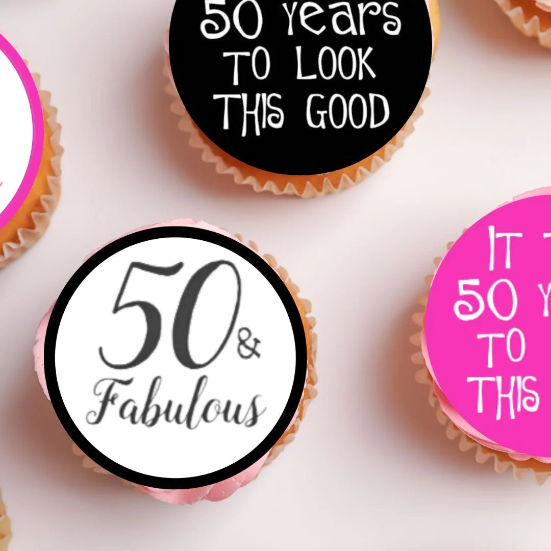 50 & Fabulous Edible Cupcake Toppers with pink and black theme