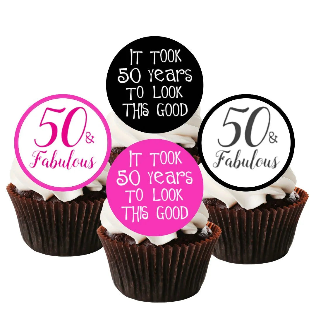 50 & Fabulous Edible Cupcake Toppers with pink and black theme