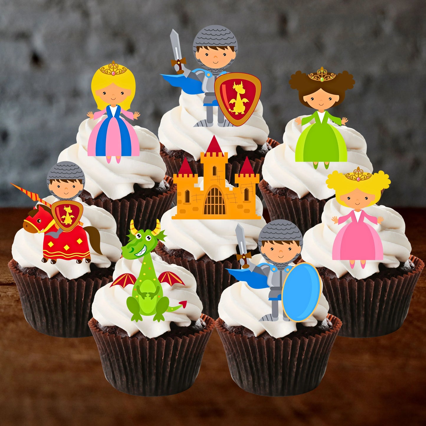 Fairytale knights, dragons and princess Edible Cupcake Toppers on chocolate cupcakes with white frosting