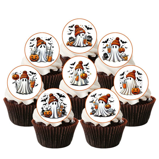 Fall Ghost round Edible Cupcake Toppers on chocolate cupcakes with white frosting 