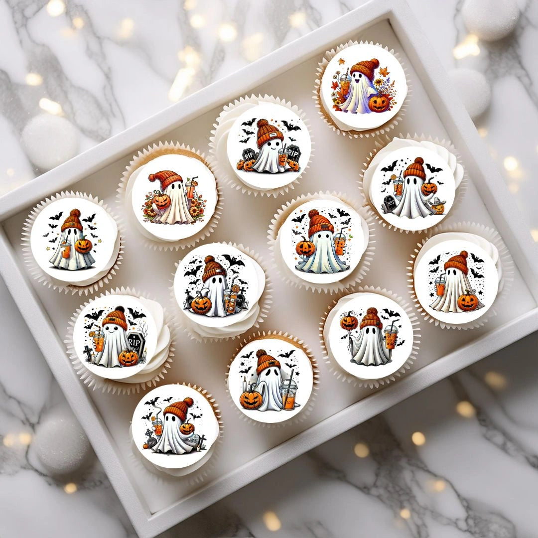 Fall Ghost round Edible Cupcake Toppers on cupcakes with white frosting 