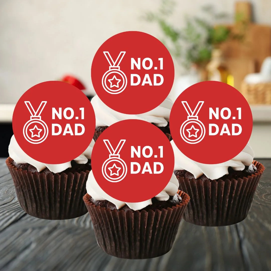 No.1 Dad Father's Day Cupcake Toppers on chocolate cupcakes with white frosting 