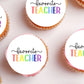 Favourite Teacher Edible Cupcake Toppers on pink frosted cupcakes