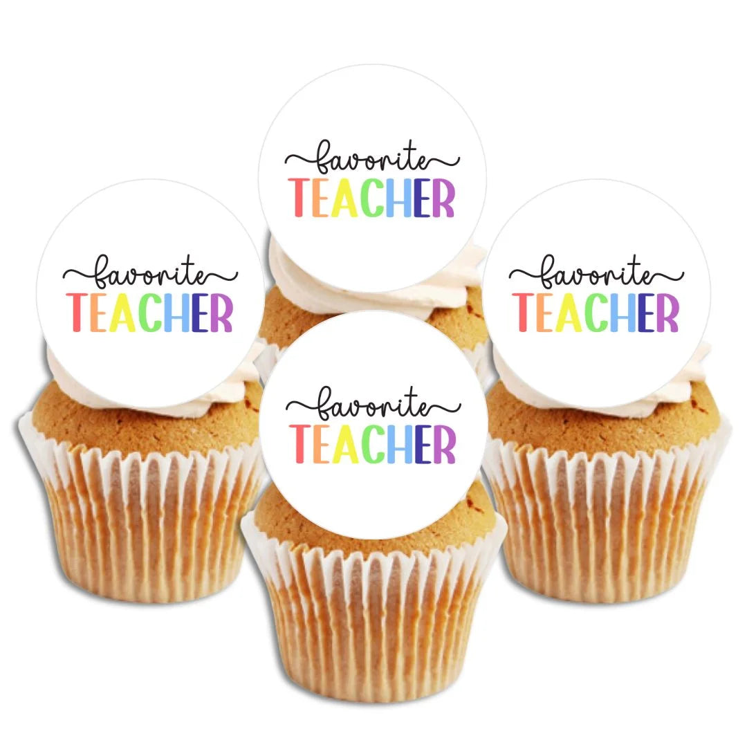 Favourite Teacher Edible Cupcake Toppers on white frosted cupcakes