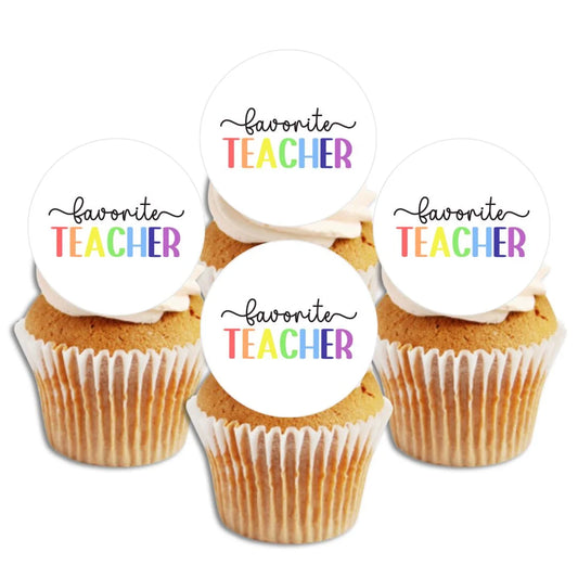 Favourite Teacher Edible Cupcake Toppers on white frosted cupcakes