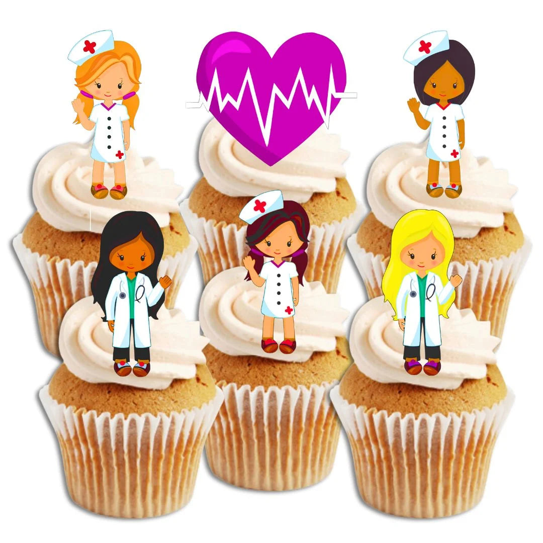 Female Nurses + Doctors Edible Cupcake Toppers  on white frosted cupcakes