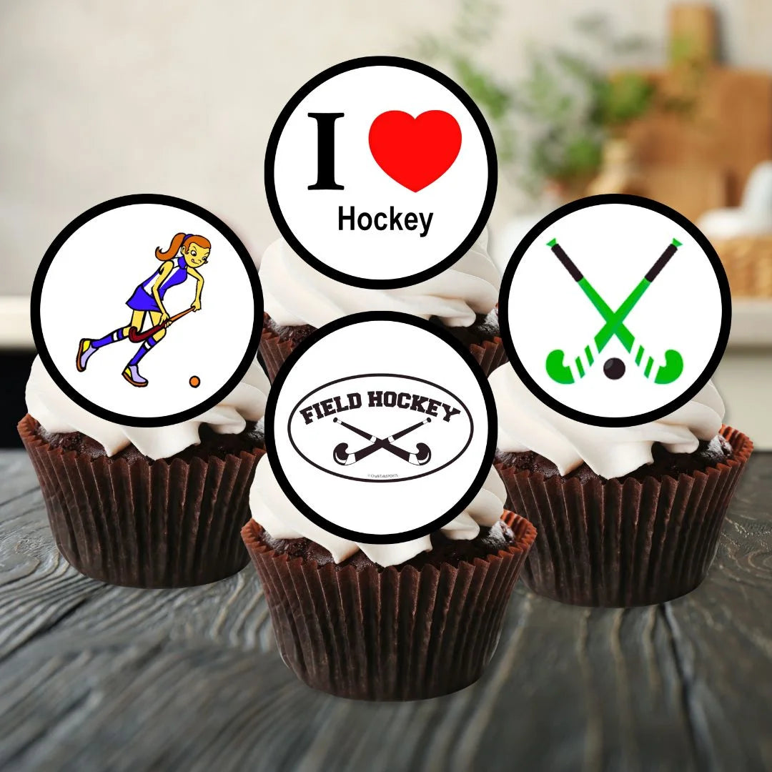 Field Hockey Edible Cupcake Toppers on chocolate cupcakes with white frosting 