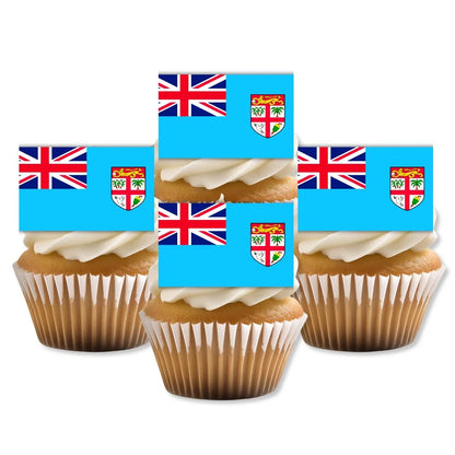 Fiji Flag Edible Cupcake Toppers on white frosted cupcakes 