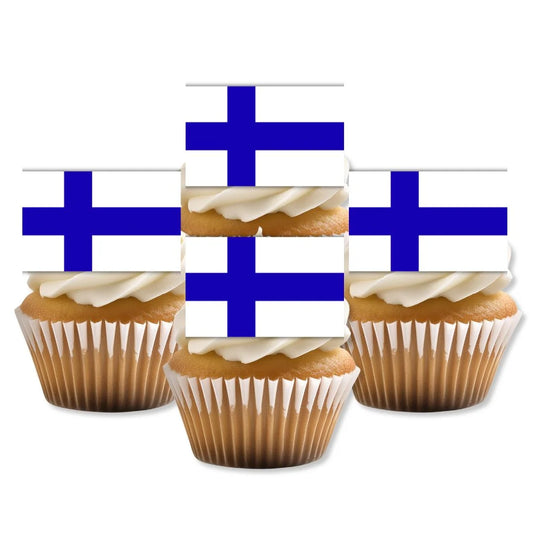 Finland Flag Edible Cupcake Toppers on white frosted cupcakes 