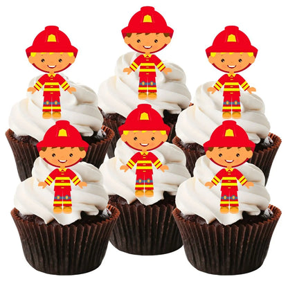 Firefighter Theme Edible Cupcake Toppers on white frosted cupcakes