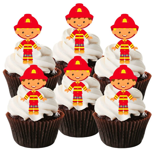 Firefighter Theme Edible Cupcake Toppers on white frosted cupcakes