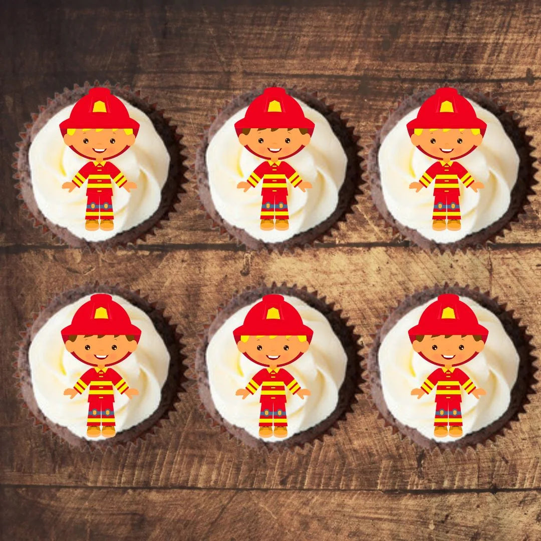 Firefighter Theme Edible Cupcake Toppers on six white frosted cupcakes 