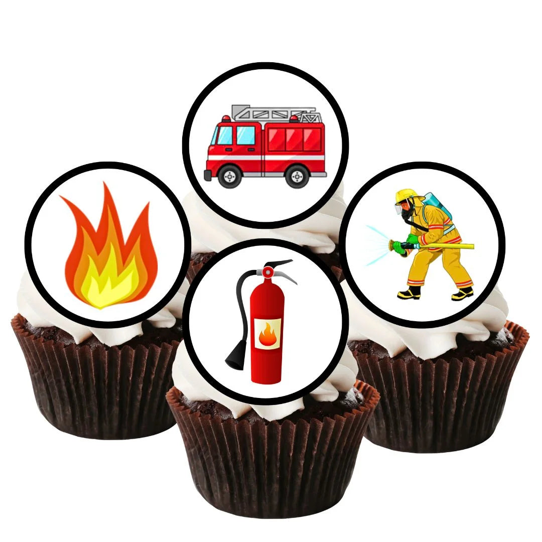 Fire Service Edible Cupcake Toppers on white frosted cupcakes