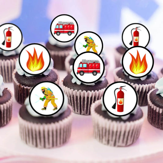 Fire Service Edible Cupcake Toppers on chocolate frosted cupcakes