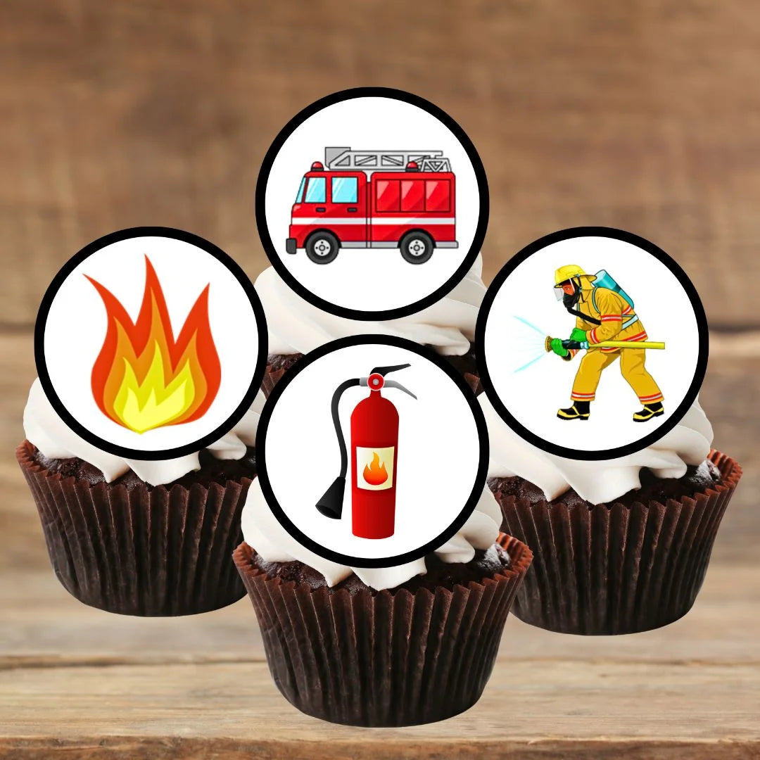 Fire Service Edible Cupcake Toppers on white frosted cupcakes