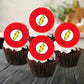 Flash Themed Edible Cupcake Toppers on chocolate frosted cupcakes 