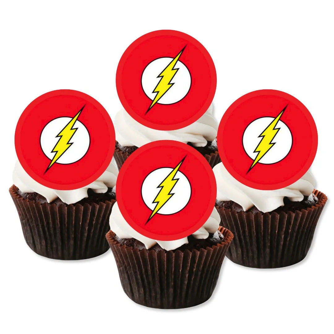 Flash Themed Edible Cupcake Toppers on chocolate cupcakes with white frosting 