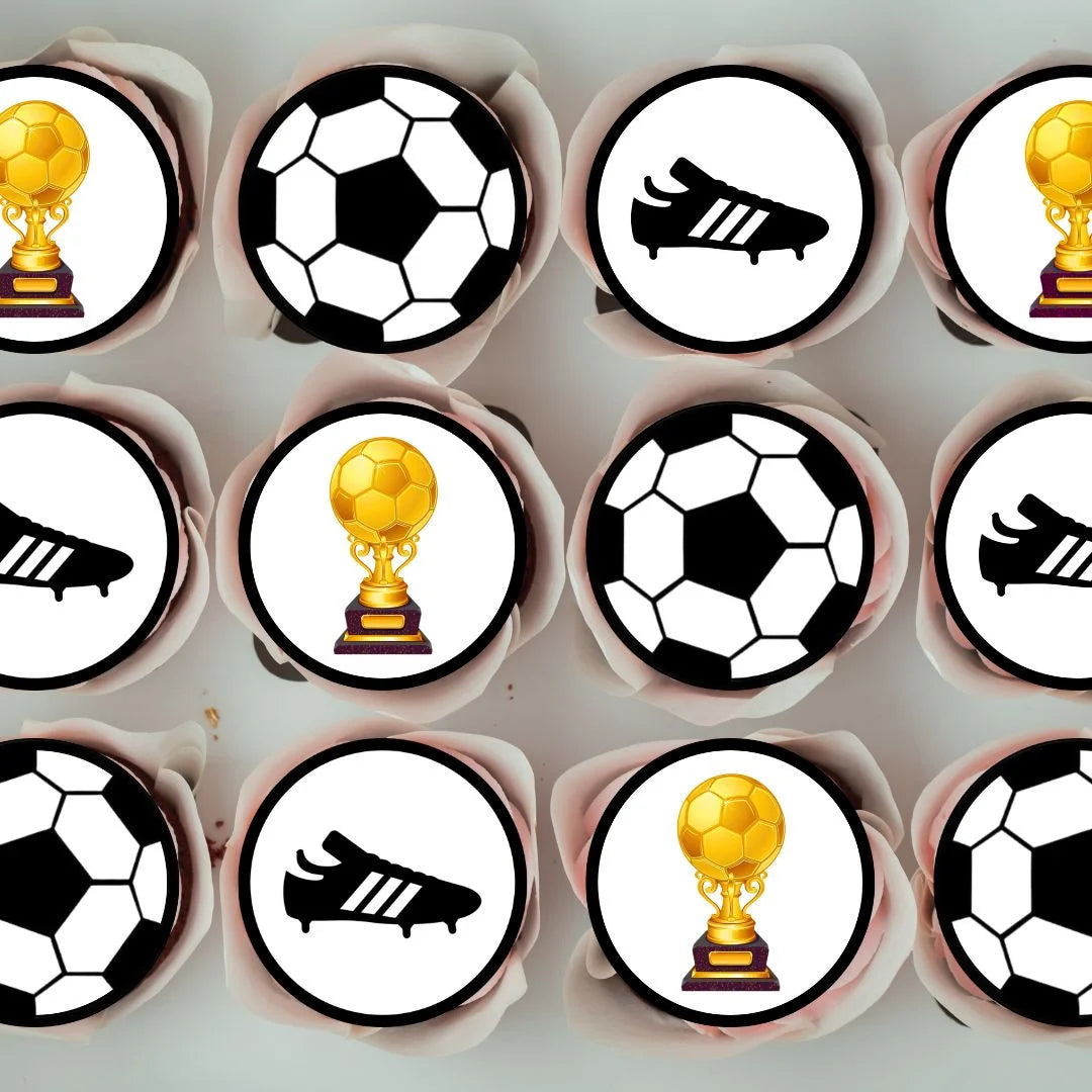 Football Theme Edible Cupcake Toppers on white frosted cupcakes 