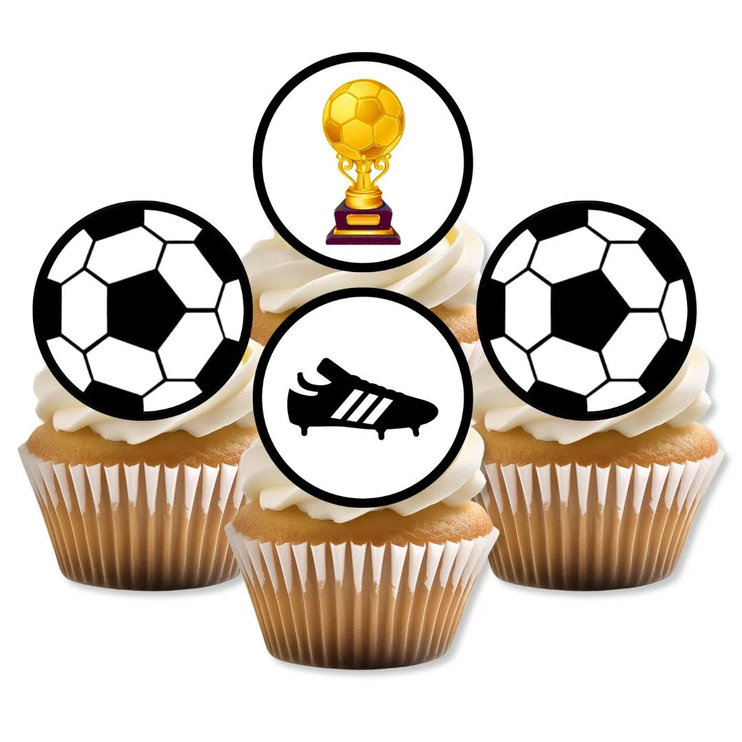 Football Theme Edible Cupcake Toppers on white frosted cupcakes 