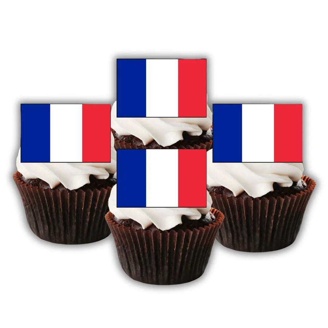 French Flag Edible Cupcake Toppers on chocolate cupcakes with white frosting