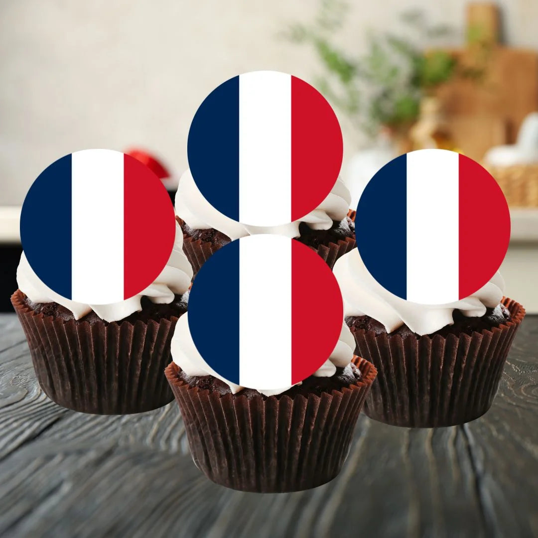 French Flag Round Edible Cupcake Toppers on chocolate cupcakes with white frosting 