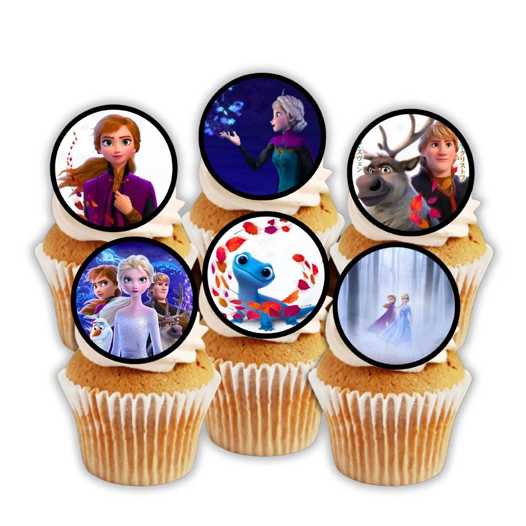 Princess Frozen Edible Cupcake Toppers on white frosted cupcakes 