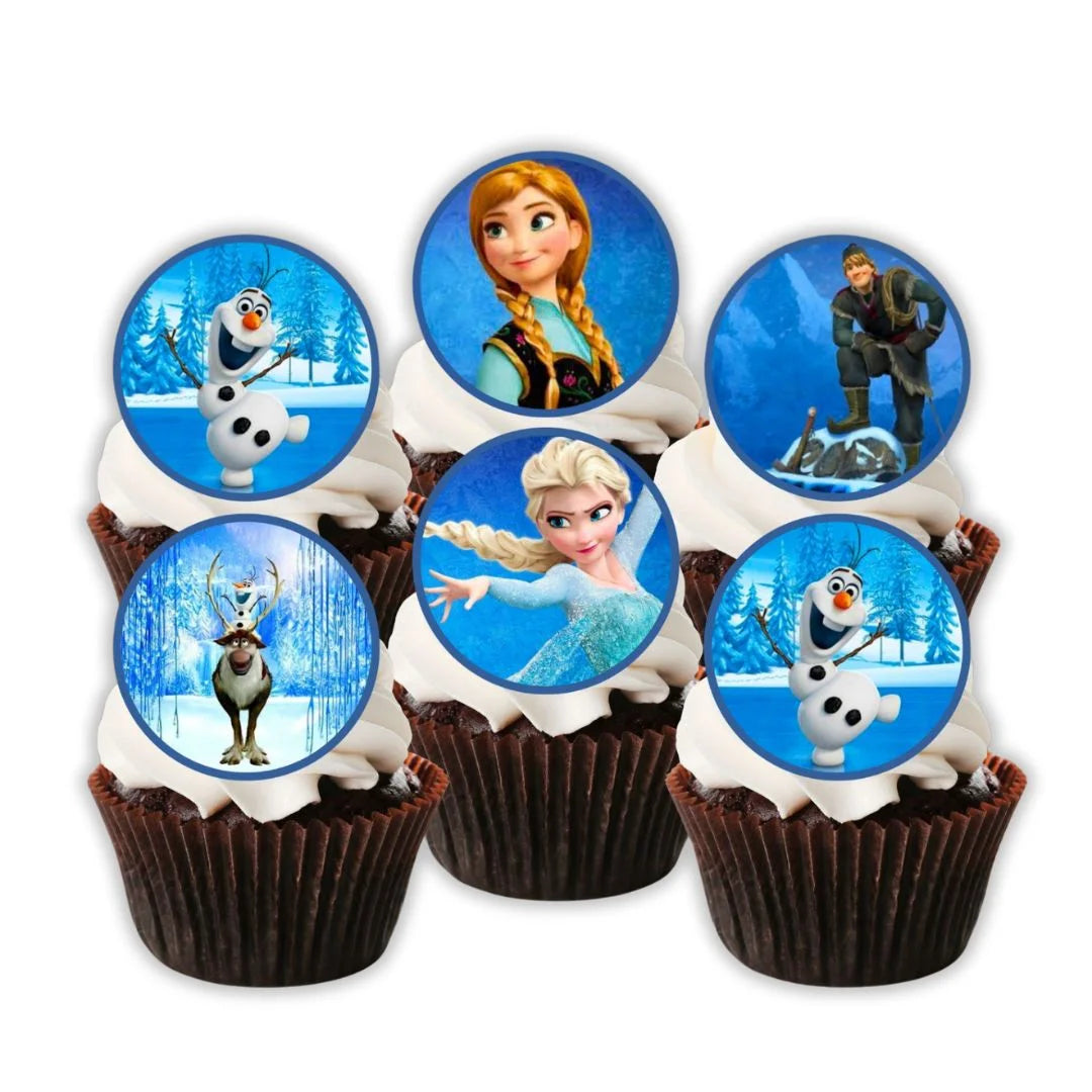 Frozen Princesses Edible Cupcake Toppers on chocolate cupcakes with white frosting 