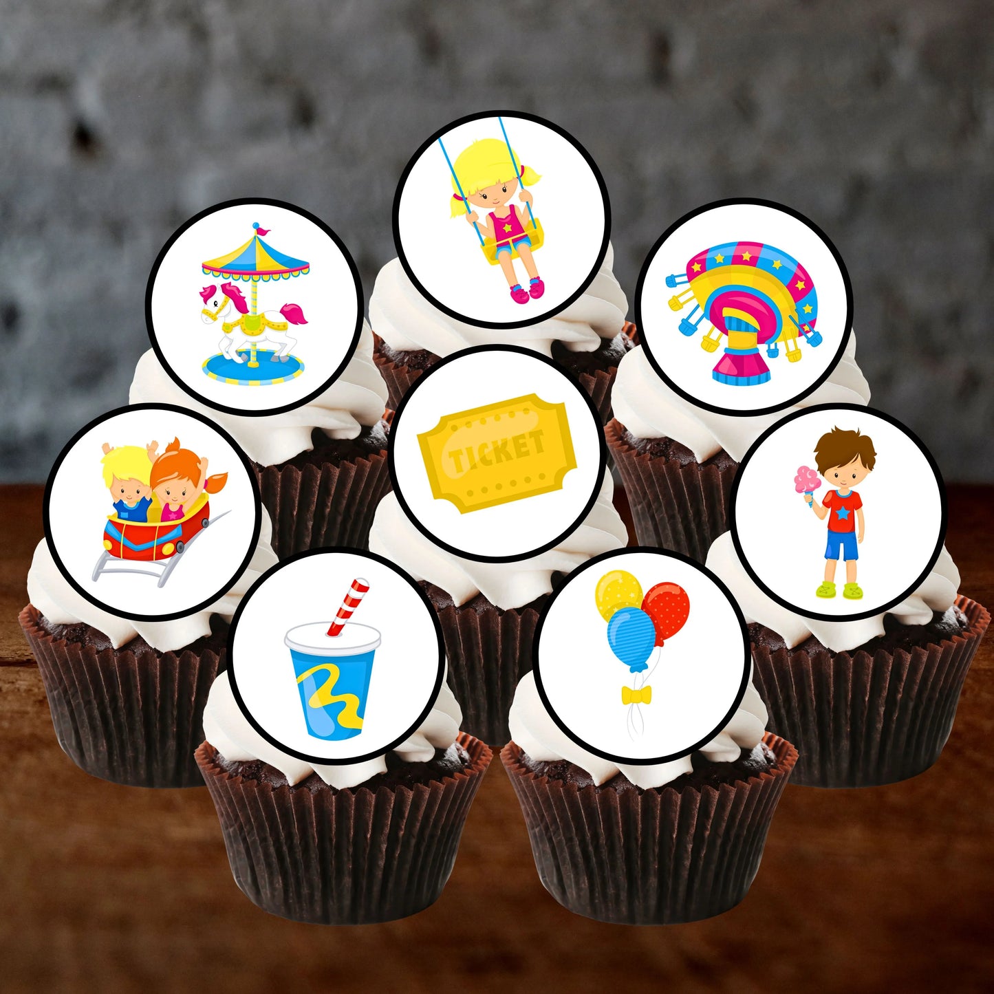 Fun Fair Theme Edible Cupcake Toppers on chocolate cupcakes with white frosting 