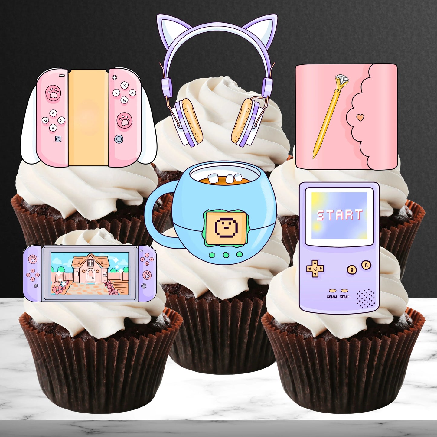 Pastel Gamer Edible Cupcake Toppers on white frosted cupcakes