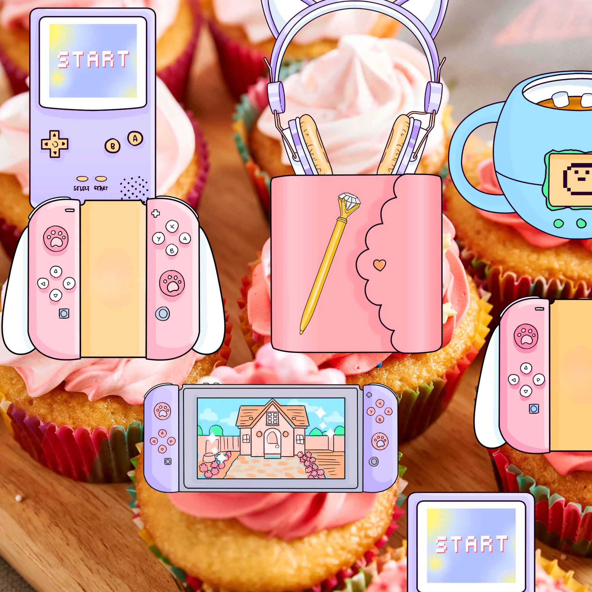 Pastel Gamer Edible Cupcake Toppers on white frosted cupcakes