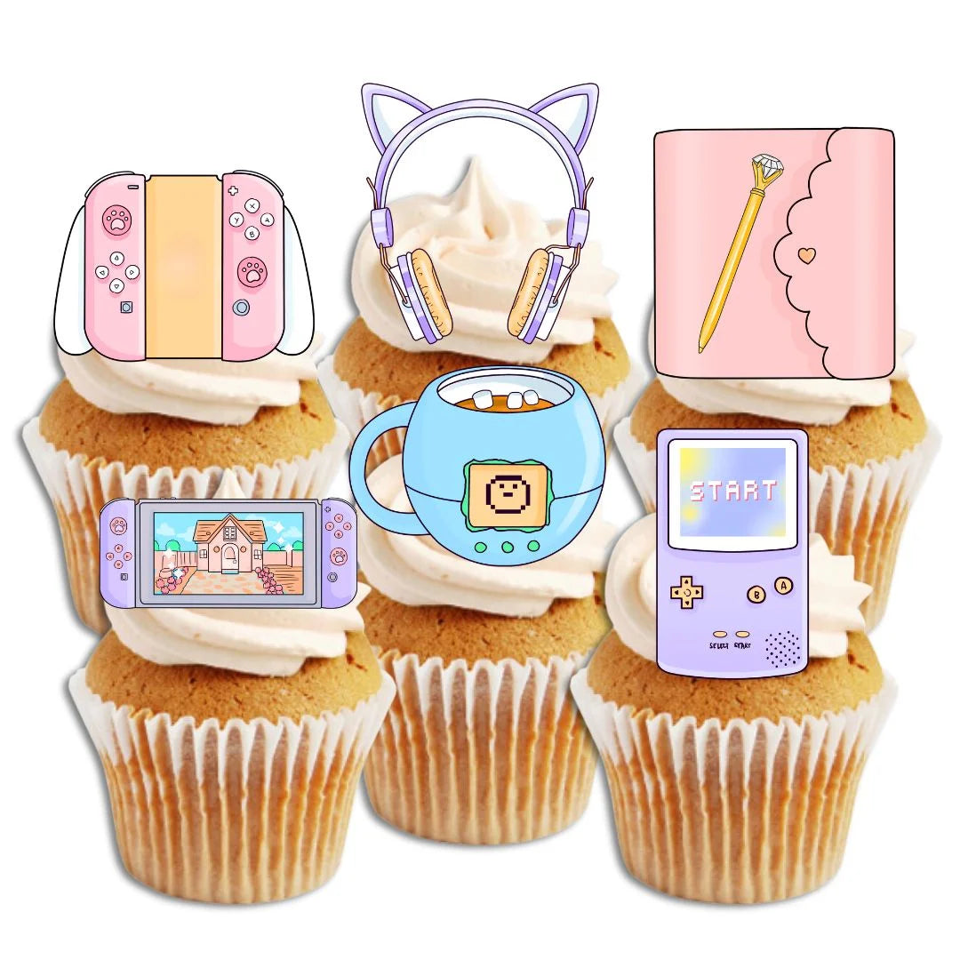 Pastel Gamer Edible Cupcake Toppers on white frosted cupcakes 