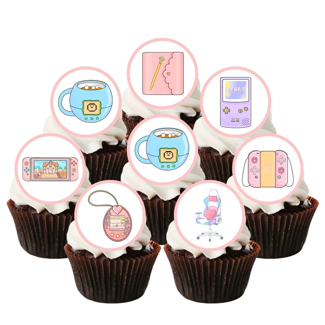 Gamer Girl Pastel Edible Cupcake Toppers on chocolate cupcakes with white frosting 