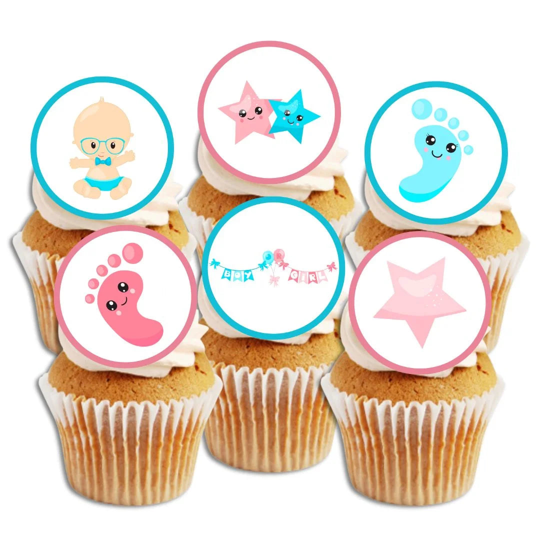 six white frosted cupcakes with Boy or Girl Gender Reveal Edible Cupcake Toppers with pink and blue illustrations