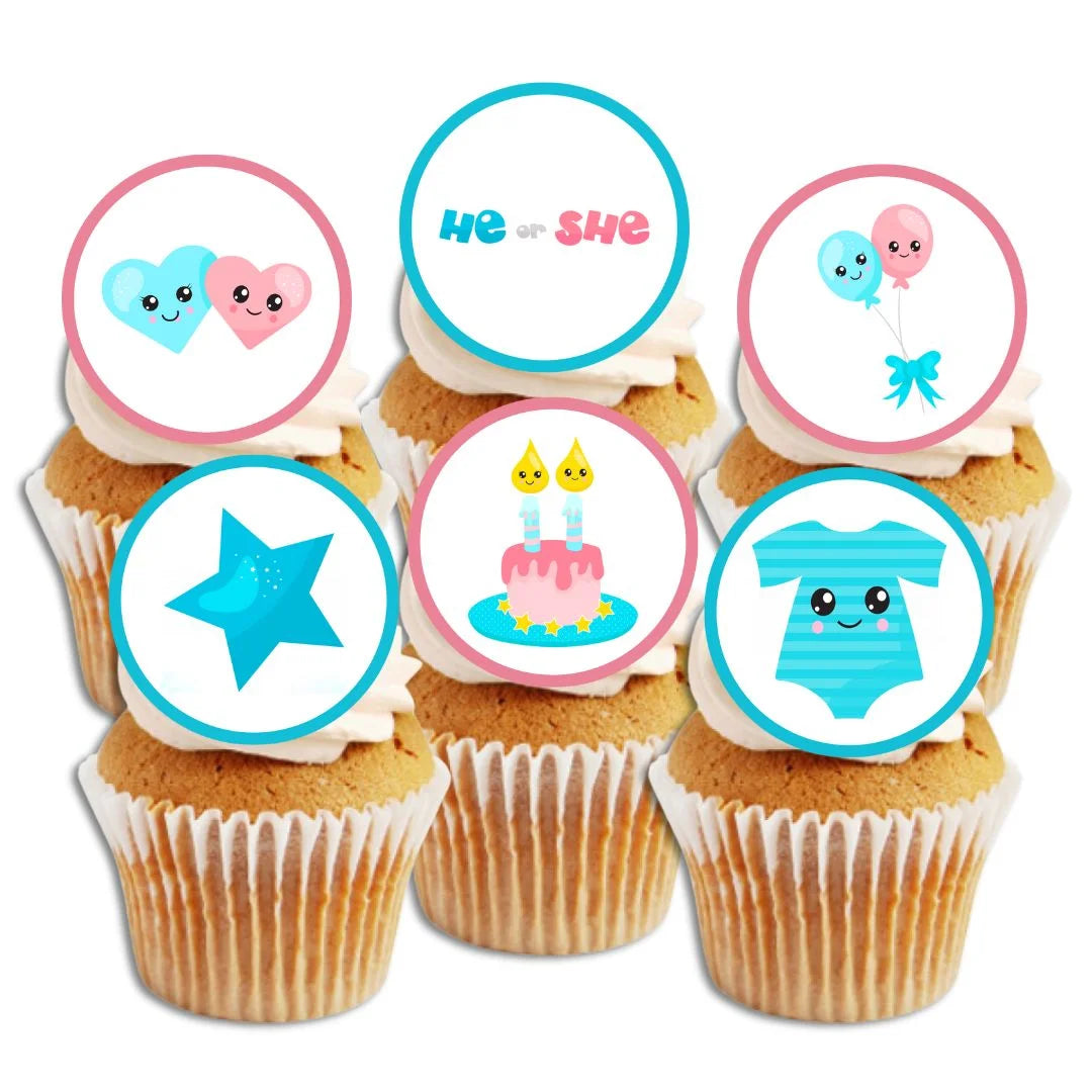 six white frosted cupcakes with Boy or Girl Gender Reveal Edible Cupcake Toppers with pink and blue illustrations