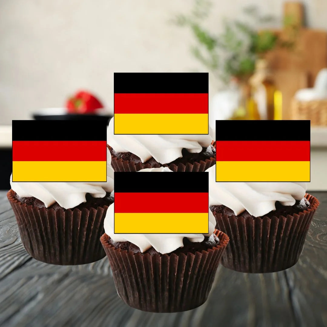 German Flag Edible Cupcake Toppers on chocolate cupcakes with white frosting 