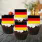 German Flag Edible Cupcake Toppers on chocolate cupcakes with white frosting 