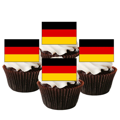 German Flag Edible Cupcake Toppers on chocolate cupcakes with white frosting 