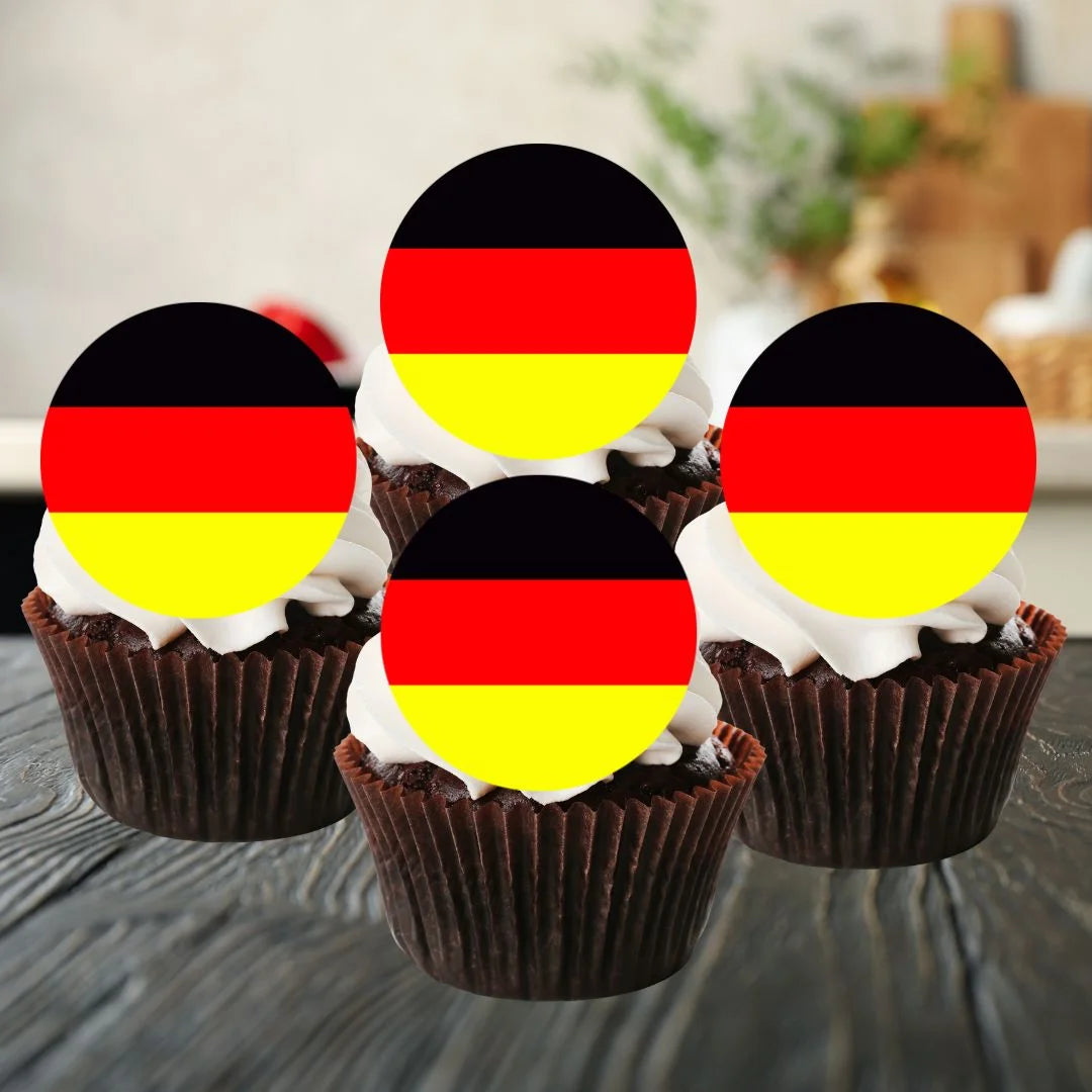 German Flag Round Edible Cupcake Toppers on chocolate cupcakes with white frosting