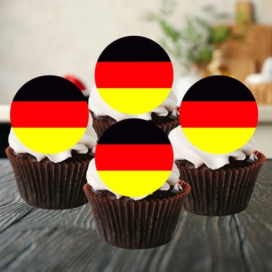 German Flag Round Edible Cupcake Toppers on chocolate cupcakes with white frosting